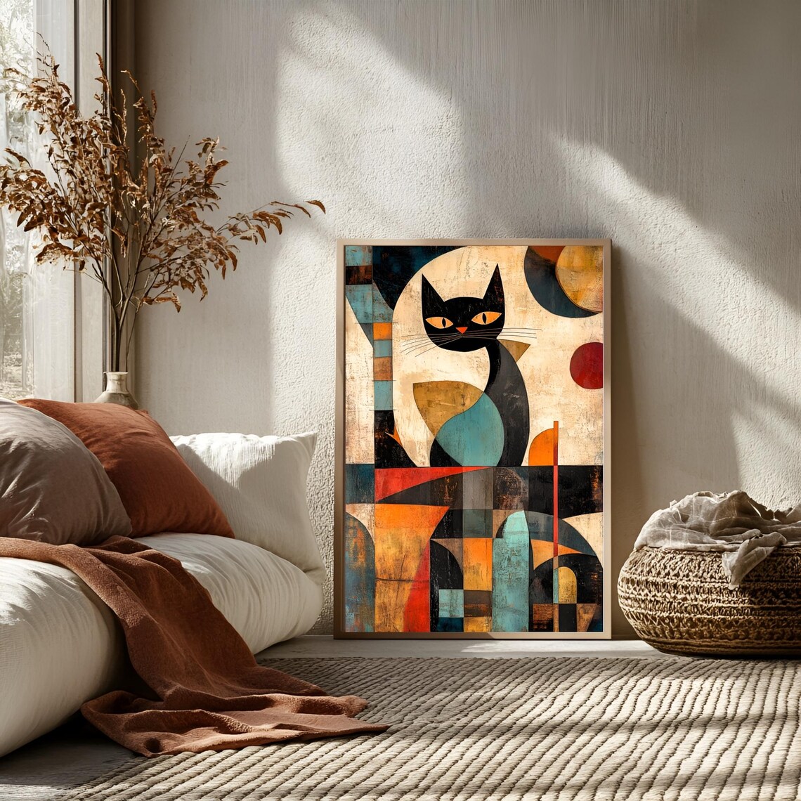 Mid Century Modern Black Cat Abstract Geometric Shapes Decor Art Poster