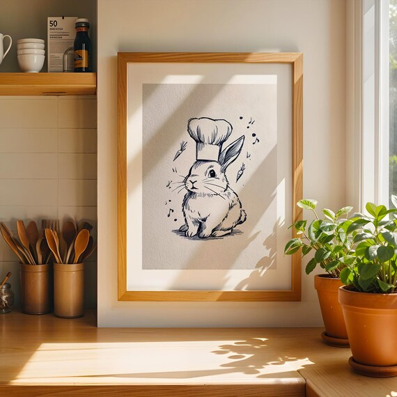 Chef Rabbit Kitchen Wall Art Funny Animal Print Poster For Trendy Decor