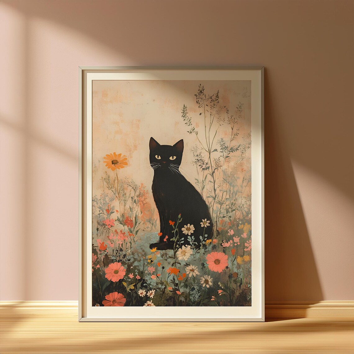 Black Cat Sitting Among Vintage Botanical Wildflowers Poster
