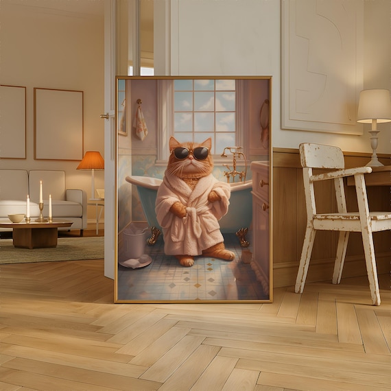 Ginger Cat in Bathrobe and Sunglasses Funny Bathroom Wall Poster
