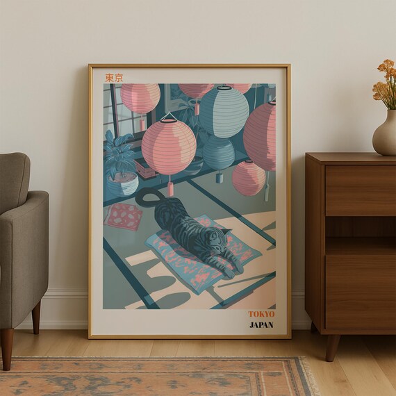 Cat Stretching Under Tokyo Paper Lanterns Japan Travel Poster