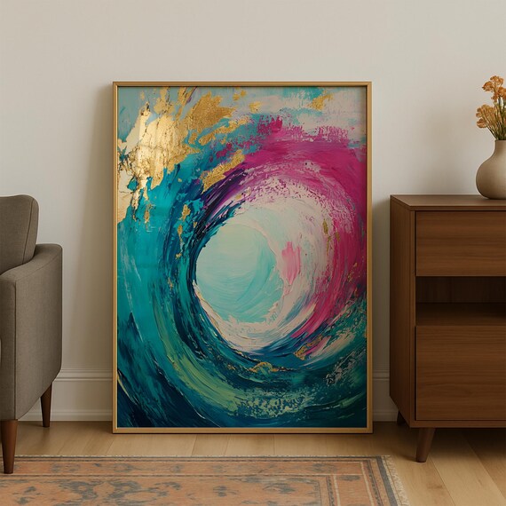 Colorful Abstract Wall Art Extra Large Oil Painting Style Print Bold Spiral Artwork Modern Boho Decor