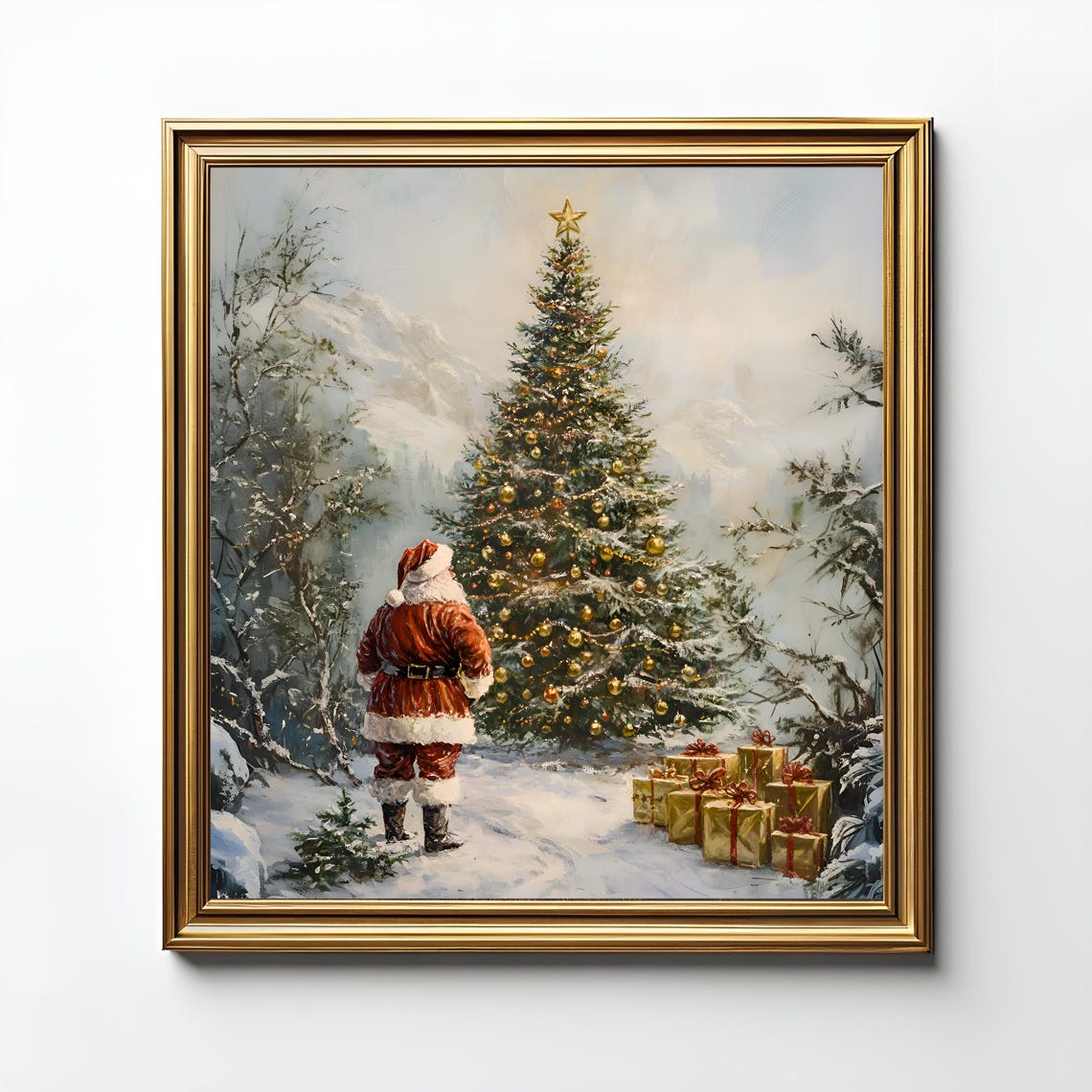 Vintage Santa Claus Gazing at Decorated Christmas Tree Poster