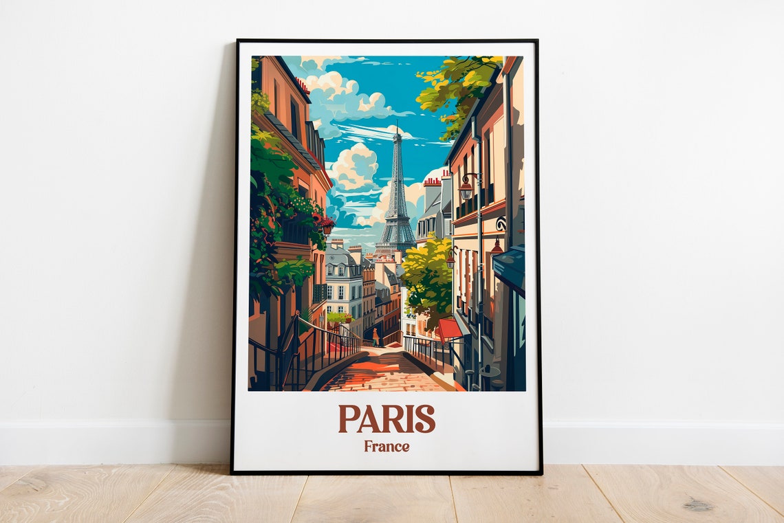 Paris France Eiffel Tower Cobblestone Street Vintage Travel Poster