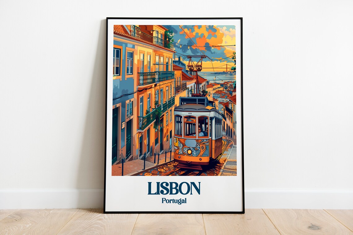 Lisbon Portugal Vintage Tram Street Golden Hour Travel Poster