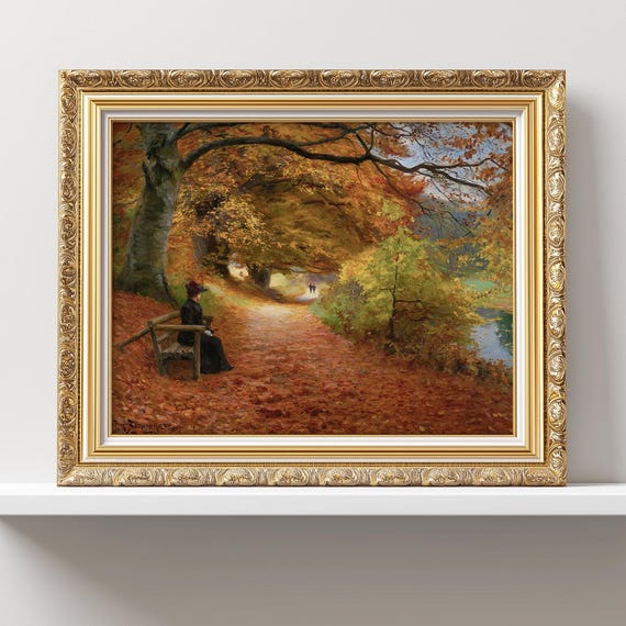 Vintage Fall Landscape Wall Art Victorian Autumn Painting Colorful Trees Print Woman Portrait Rustic Farmhouse Home Decor