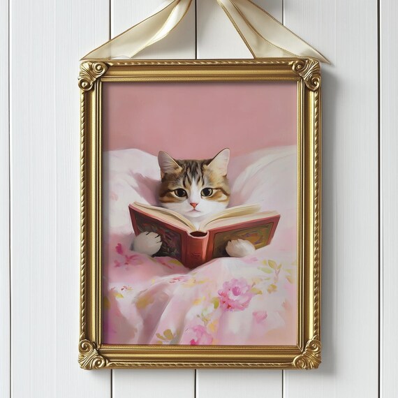 Kitten Reading A Book In Pink Floral Bed Funny Cat Lover Poster