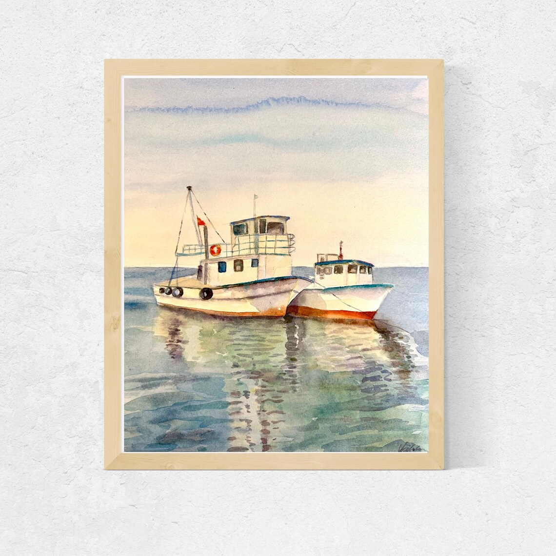 Two White Fishing Boats Moored on a Calm Sea Watercolor Poster - Image 4