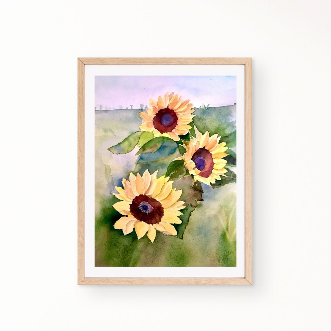 Three Golden Sunflowers in a Bright Summer Field Watercolor Poster