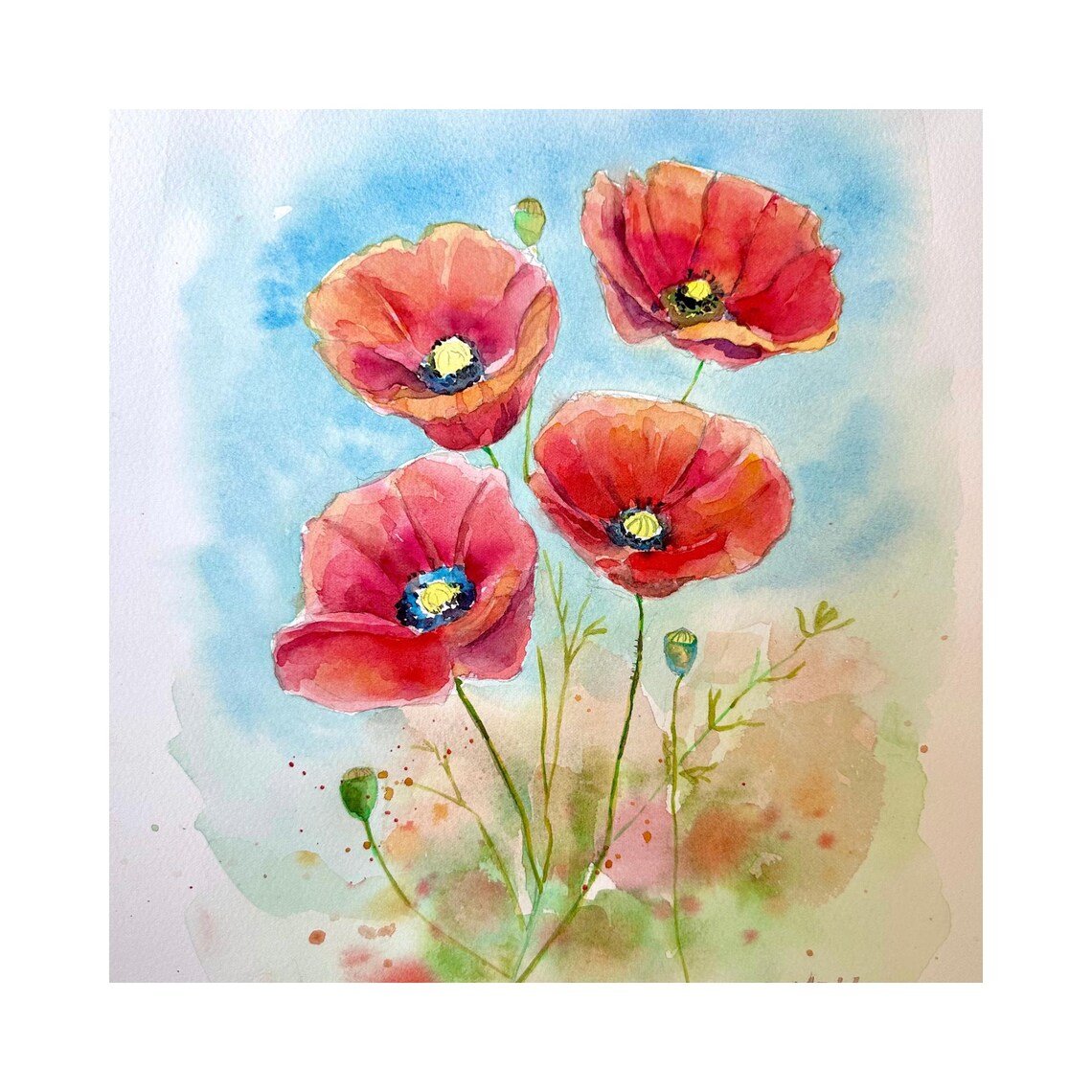 Four Red Poppies Dancing in a Summer Breeze Watercolor Poster