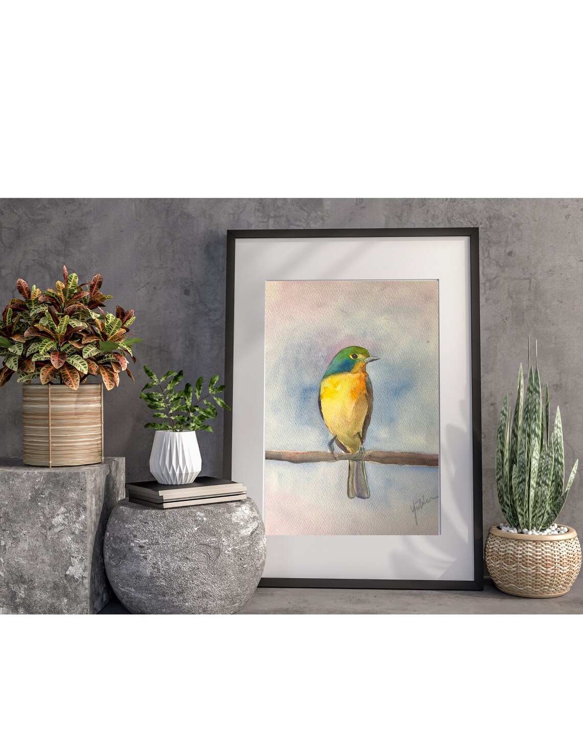Green and Blue Songbird With Golden Breast Watercolor Art Poster - Image 2