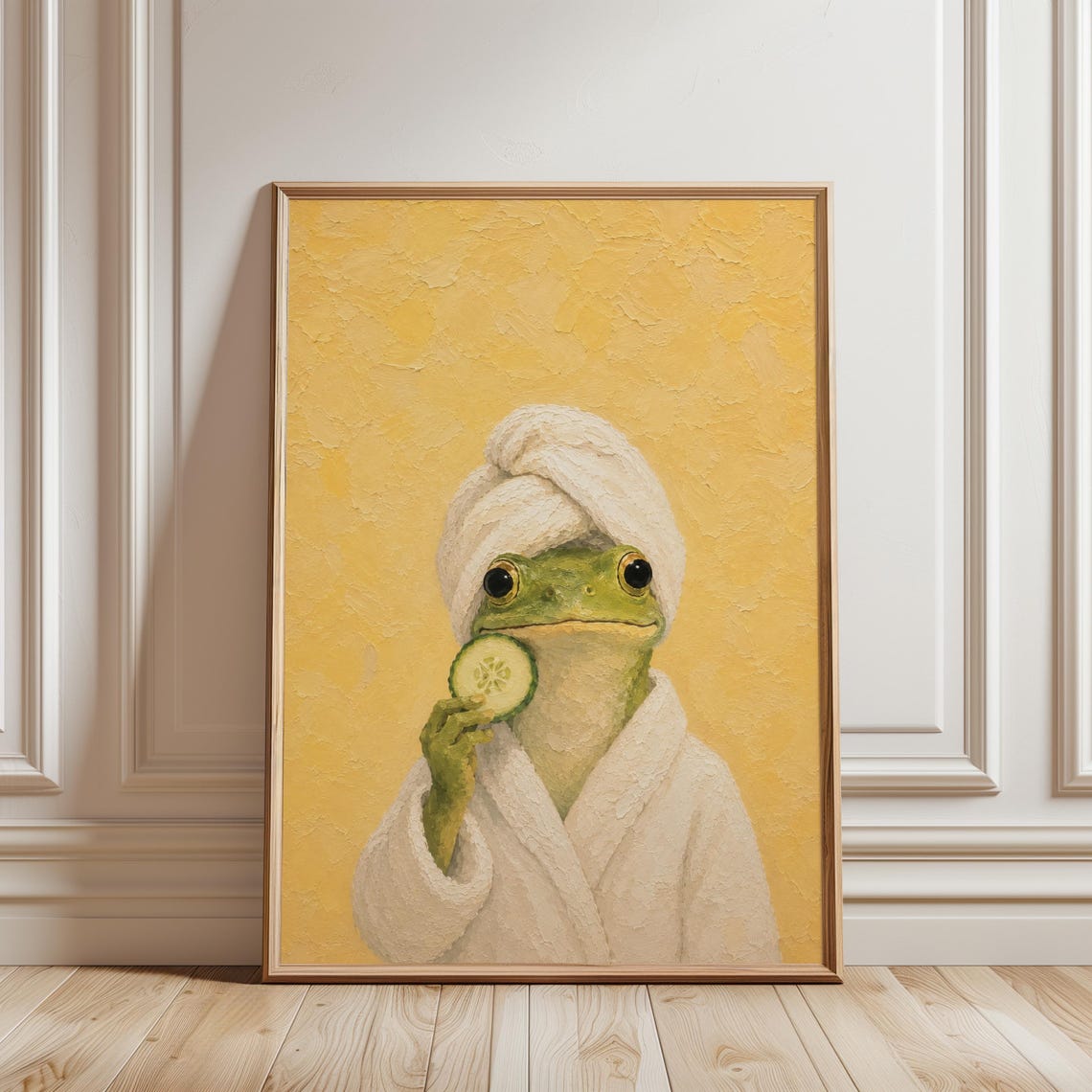 Adorable Green Frog Spa Day Bathrobe Cucumber Impasto Wall Art