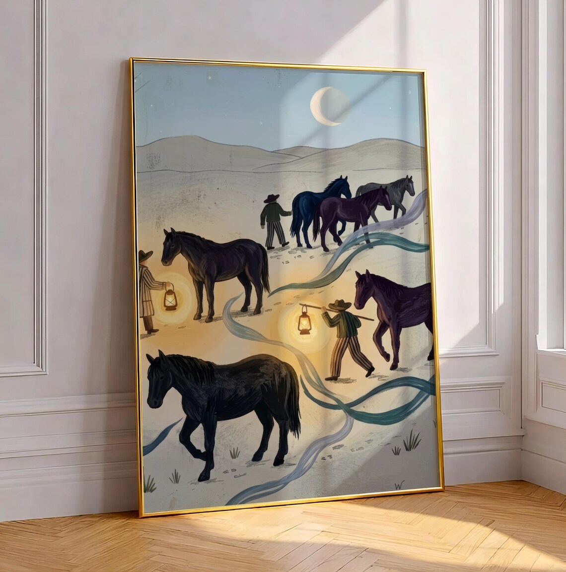 Western Moonlit Horse Folk Art Poster Cowboys Lanterns Desert Night Scene