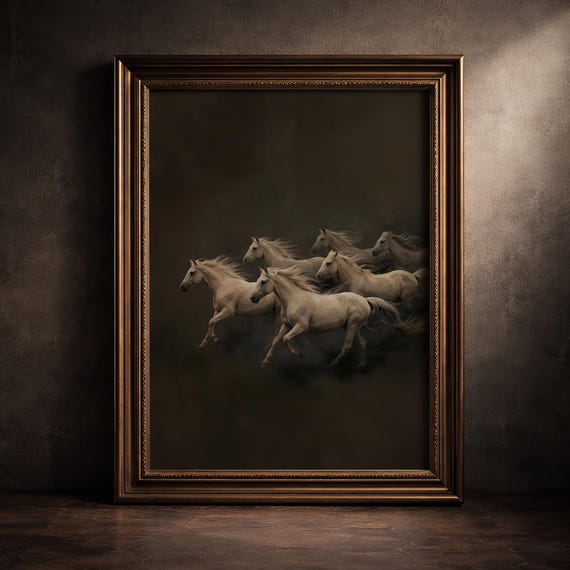 Moody Horse Art Print Dark Equestrian Vintage Wild Painting Poster Rustic Farmhouse Galloping Stallions Sepia Cottagecore Decor