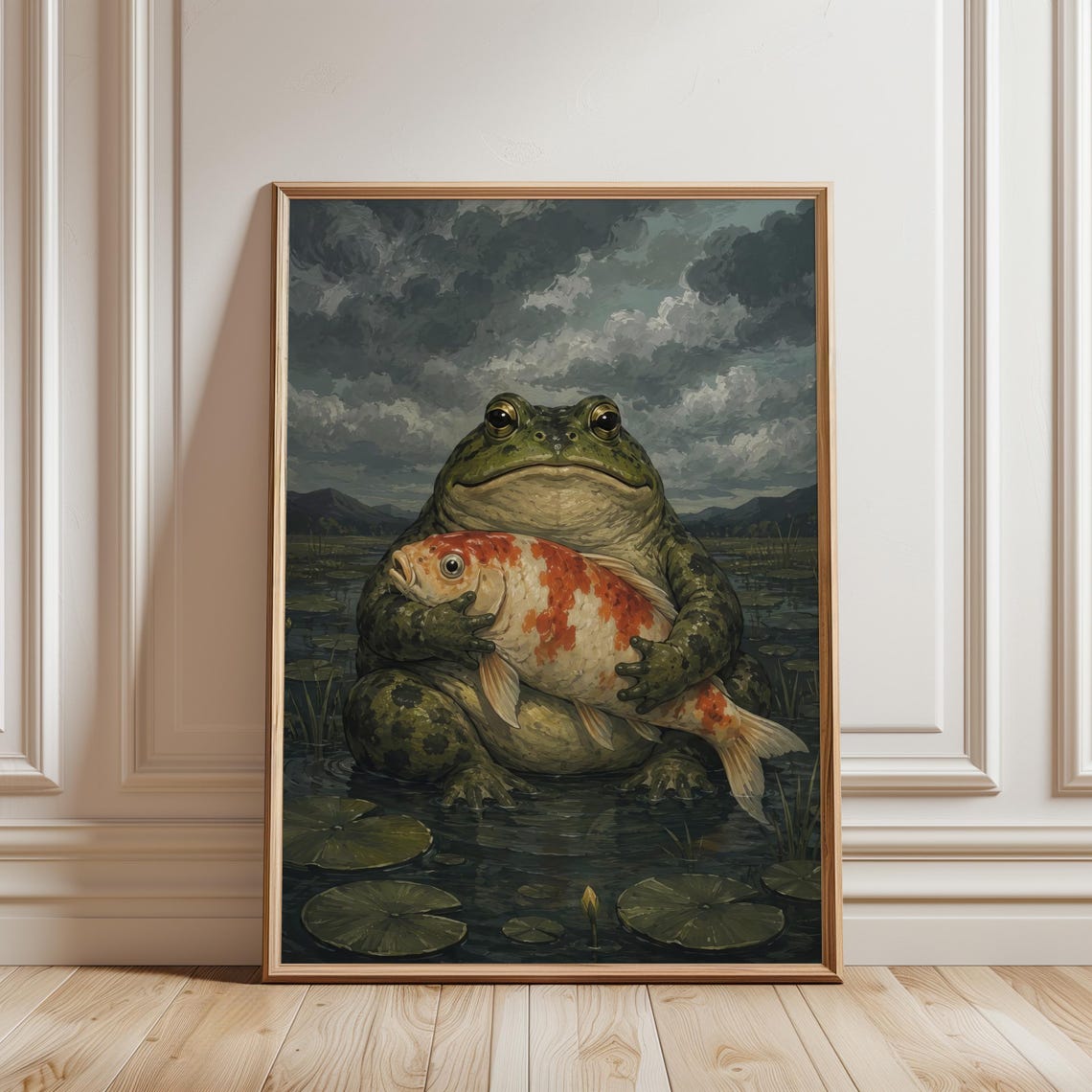 Giant Frog Hugging Koi Fish Lily Pond Vintage Whimsical Animal Poster