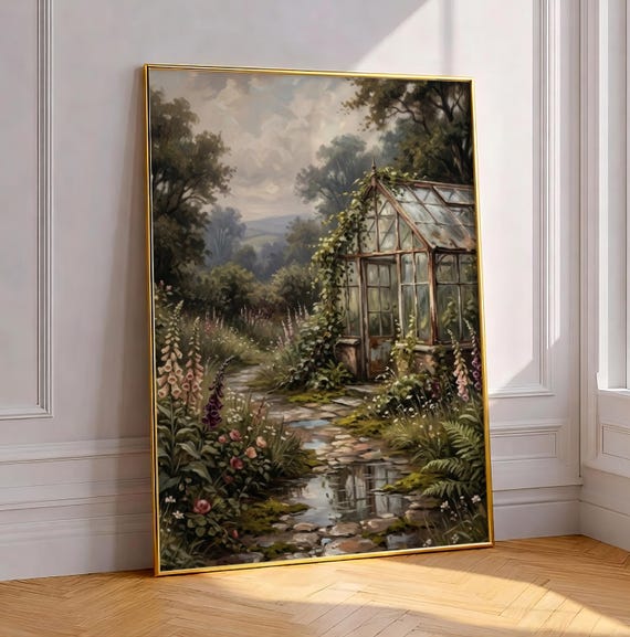 Vintage Greenhouse Painting Art Print Moody Grandmillennial Aesthetic Botanical Conservatory Wall Decor Calm Cottagecore Nature Poster