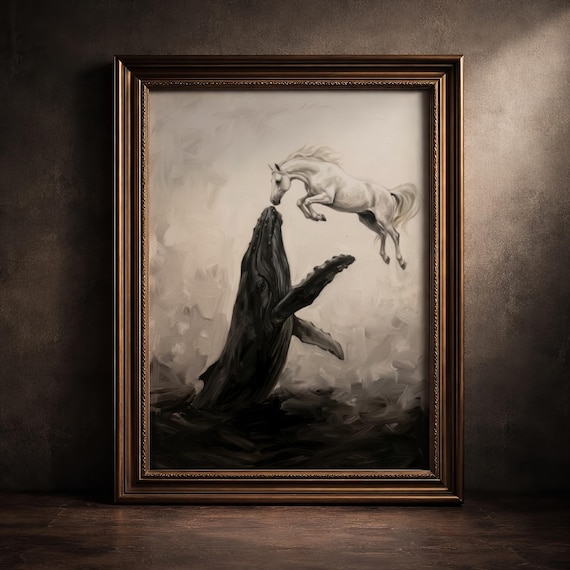 White Horse Black Whale Wall Art Symbolic Animal Painting Print Minimalist Surreal Coastal Decor Yin Yang Nature Artwork Dark Academia