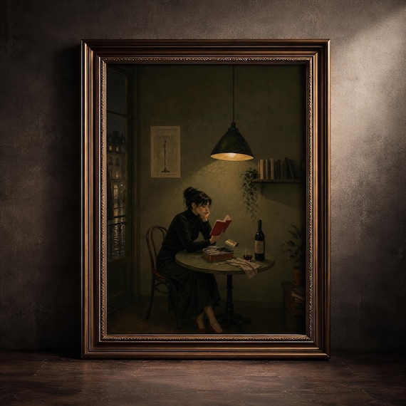 Woman Reading Book Painting Moody Dark Academia Introvert Reader Decor Vintage Sardine Tin Wall Art Quiet Poetcore Bookish Library