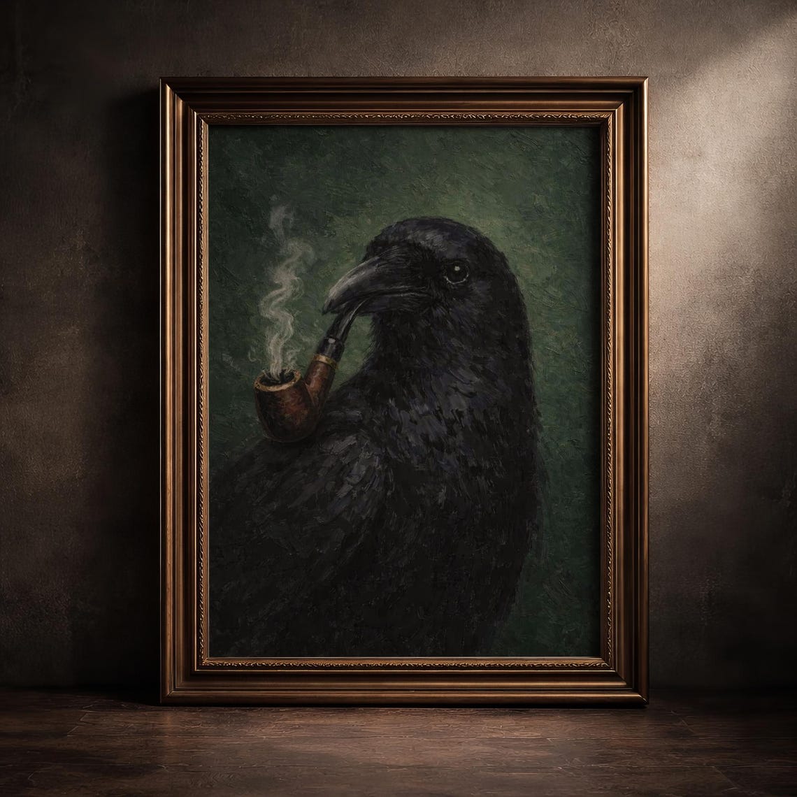 Funny Raven Smoking Pipe Print Moody Crow Wall Art Dark Academia Bird Poster Decor Gothic Animal Painting Quirky Vintage Artwork