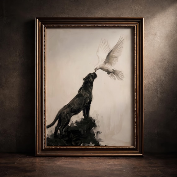 Moody Black Panther And Dove Painting Print Dark Academia Wall Art Symbolic Peace Strength Animal Poster White Paint