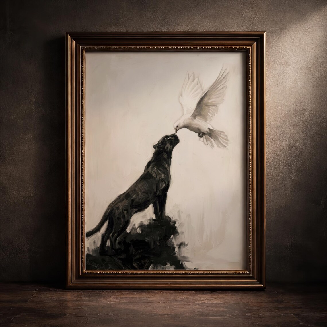 Moody Black Panther And White Dove Painting Symbolic Peace Dark Art Print