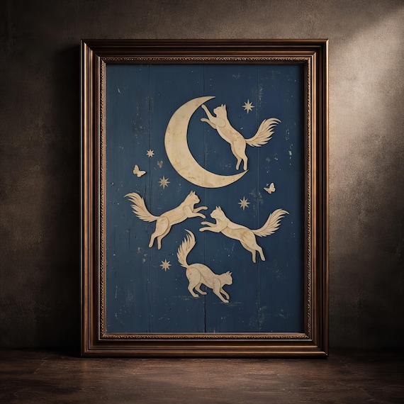 Celestial Black Cat Moon And Stars Print Dark Academia Decor Whimsical Folk Art Poster Witchy Gothic Gift Digital Download