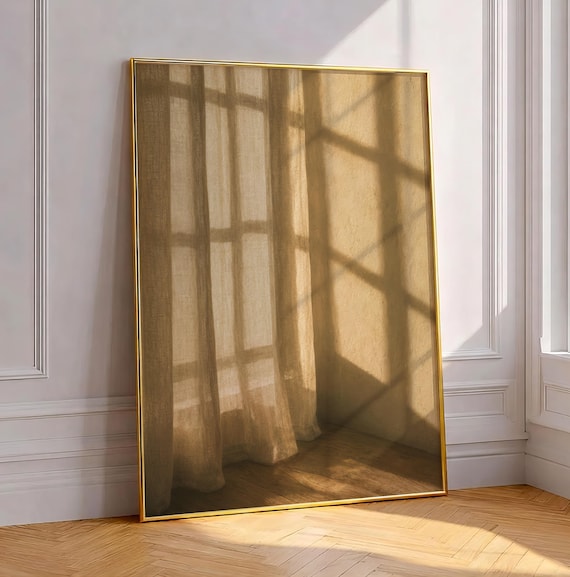 Japandi Window Print Neutral Minimalist Art Organic Modern Decor Warm Sunlight Shadow Artwork Curtain Study Painting Digital Download