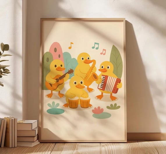 Ducks Band Playing Instruments, Playful Musical Art Print