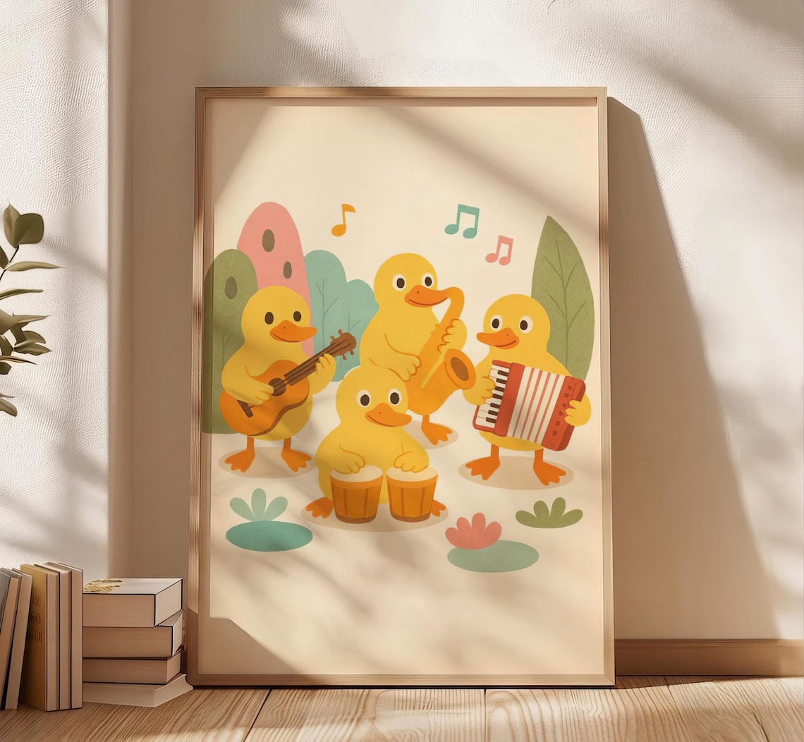 Ducks Band Playing Instruments, Playful Musical Art Print