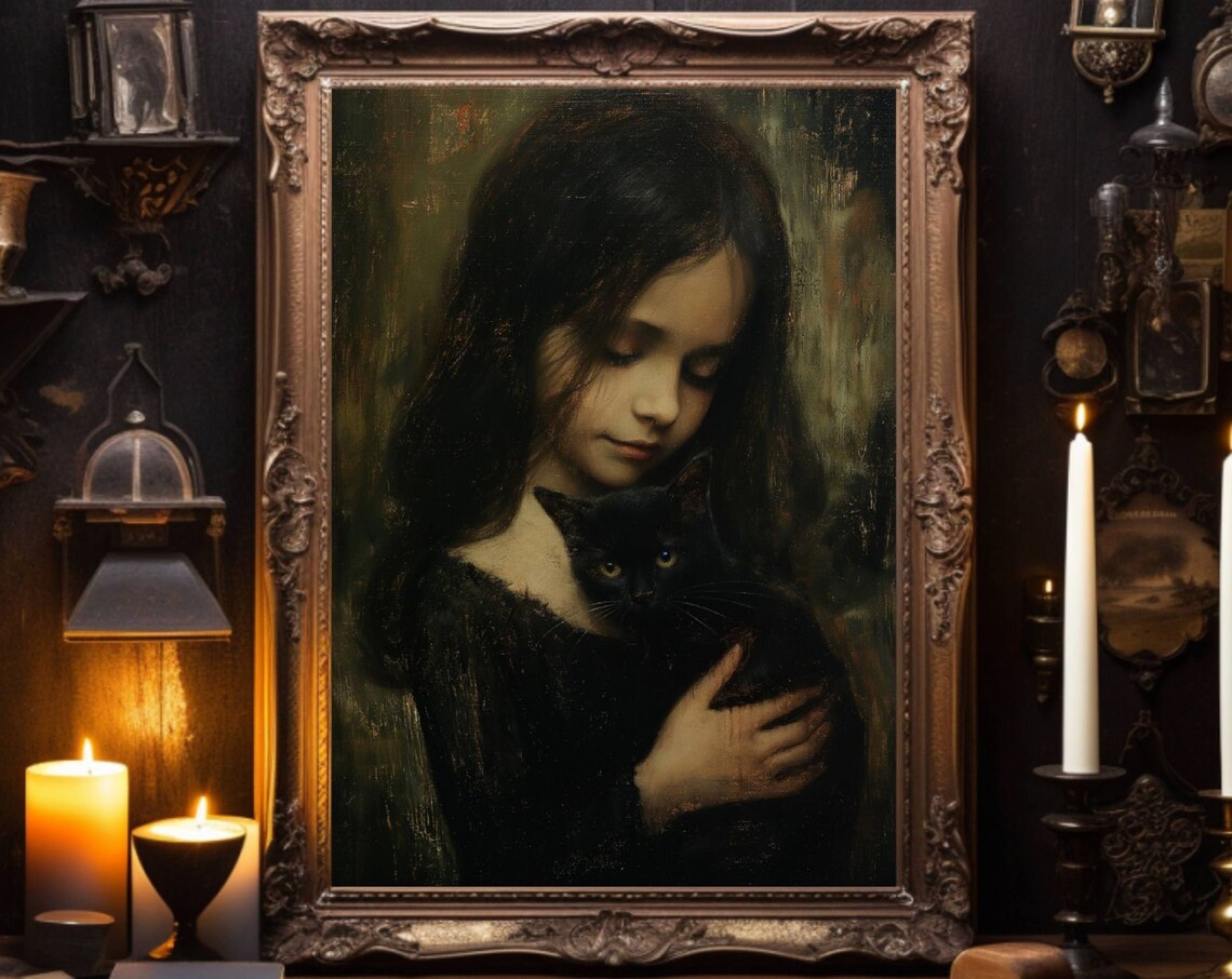Girl Embracing A Black Cat Against Her Cheek Moody Art Poster