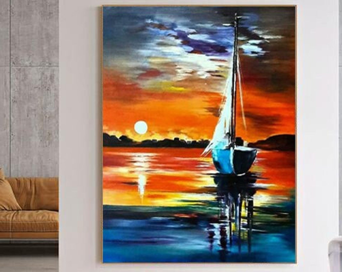 Fiery Sunset Sailboat Ocean Painting Orange Sea Dramatic Sky Poster - Image 2