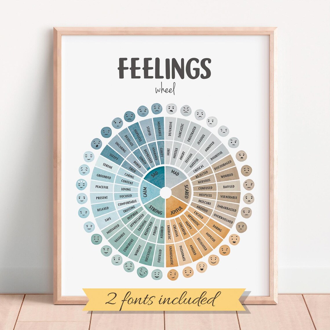 Feelings Wheel Emotions Poster, Boho Therapy Print