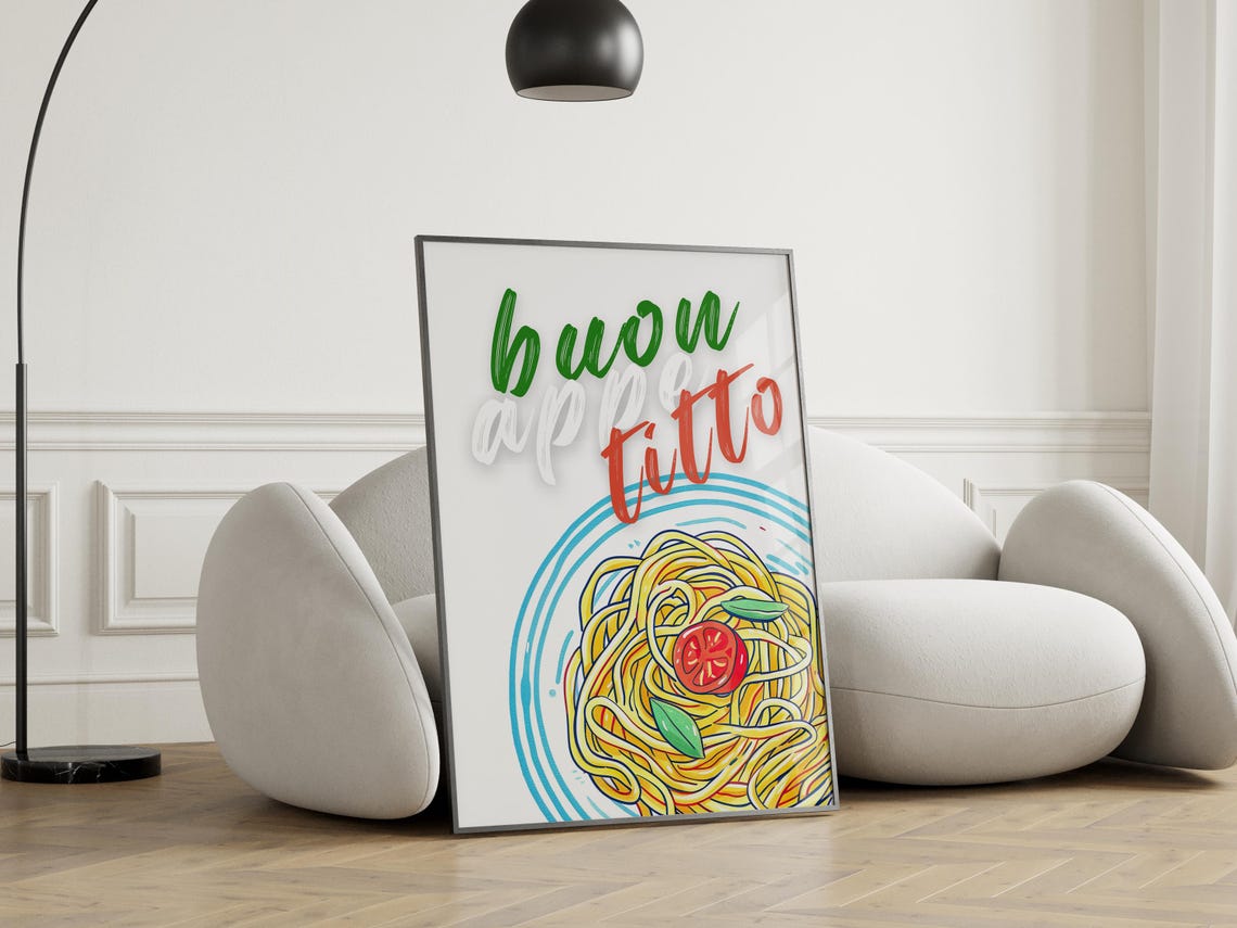Buon Appetitto Spaghetti Bowl Typography Italian Kitchen Wall Poster