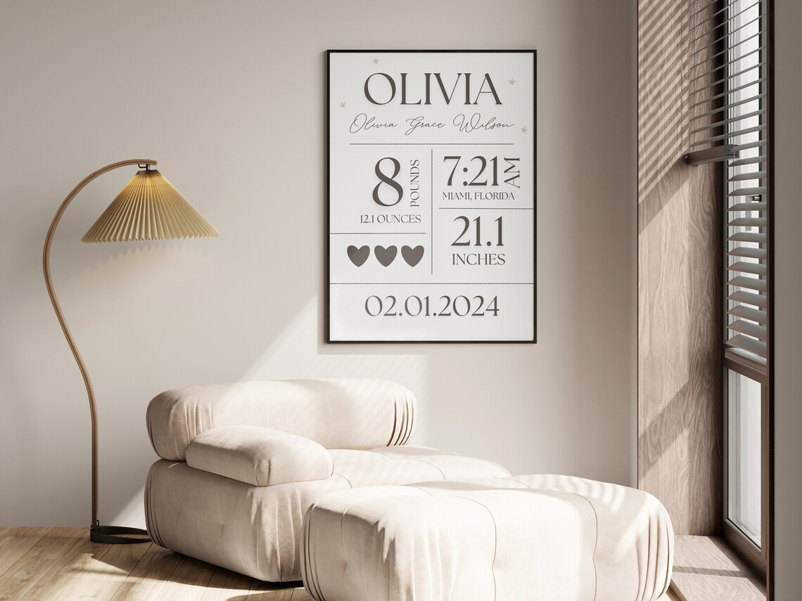 Minimalist Birth Stats Nursery Art Print - Image 2