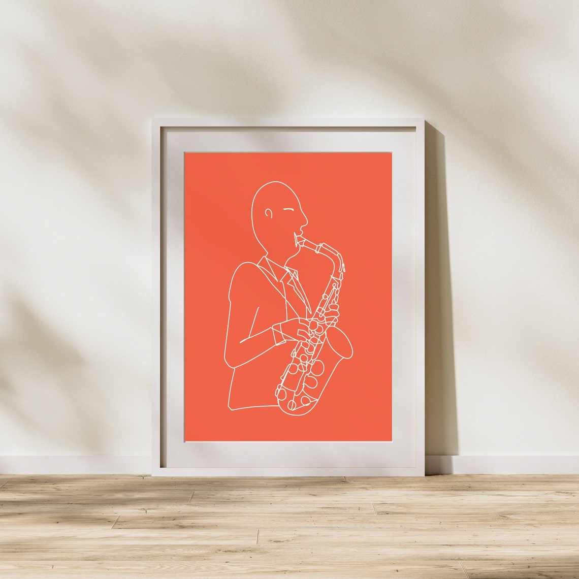 Saxophonist Line Art Coral Orange Minimalist Jazz Musician Print