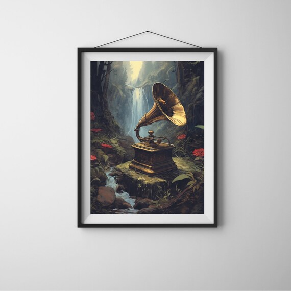 Vintage Gramophone in Jungle Waterfall Antique Music Art Poster