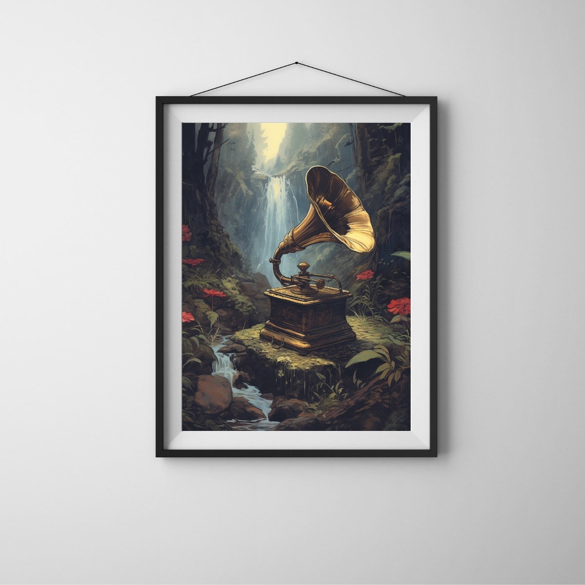 Vintage Gramophone in Jungle Waterfall Antique Music Art Poster