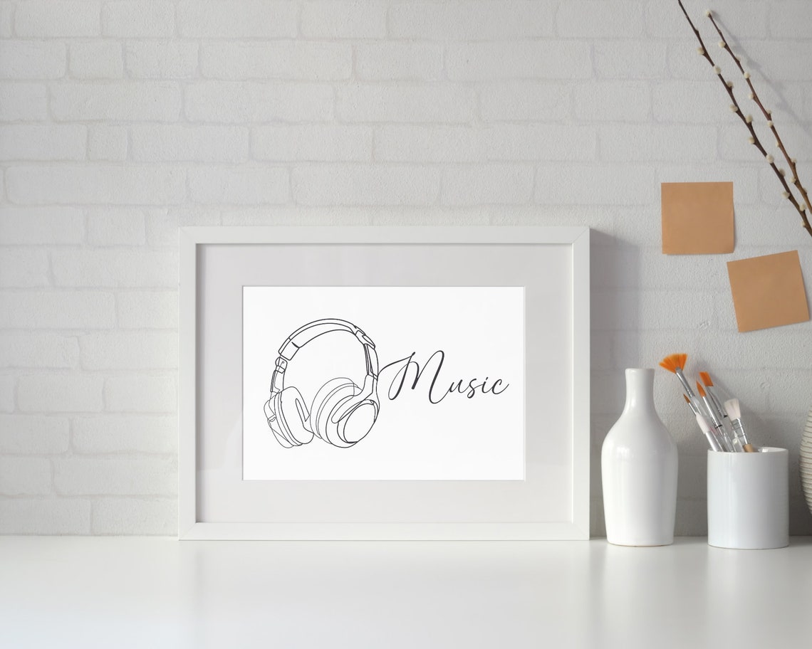 Headphones Line Art Poster Minimalist Music Word Art Studio Decor