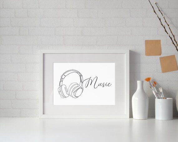 Headphones Line Art Poster Minimalist Music Word Art Studio Decor