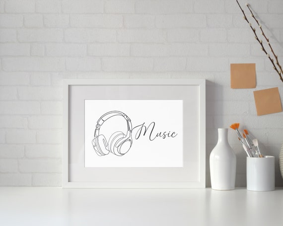 Minimalist Headphone Line Art Music Print Earphones Wall