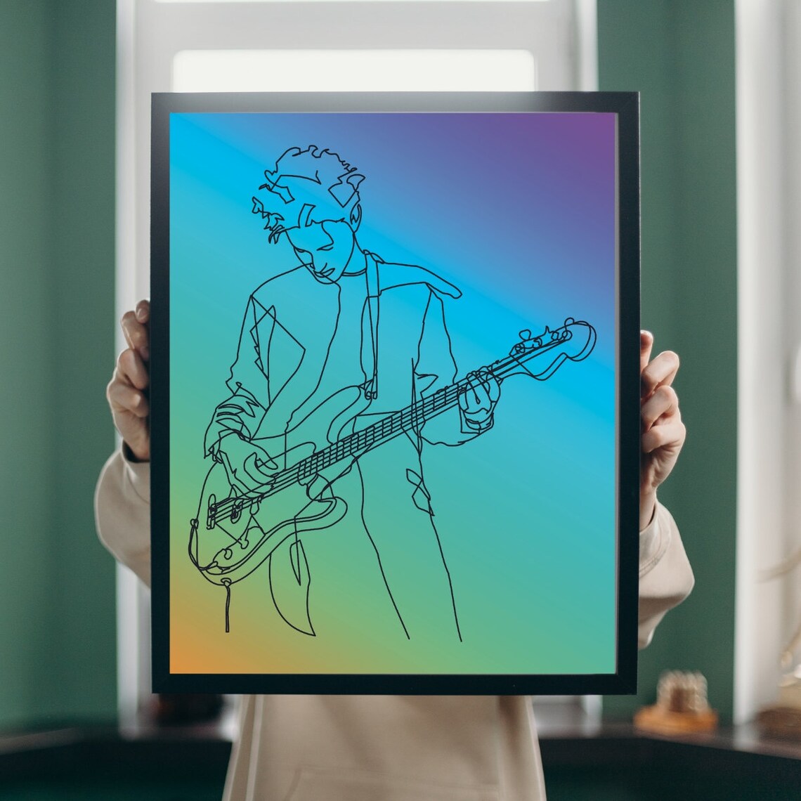 Minimalist Man Playing Guitar Line Art, Art Print