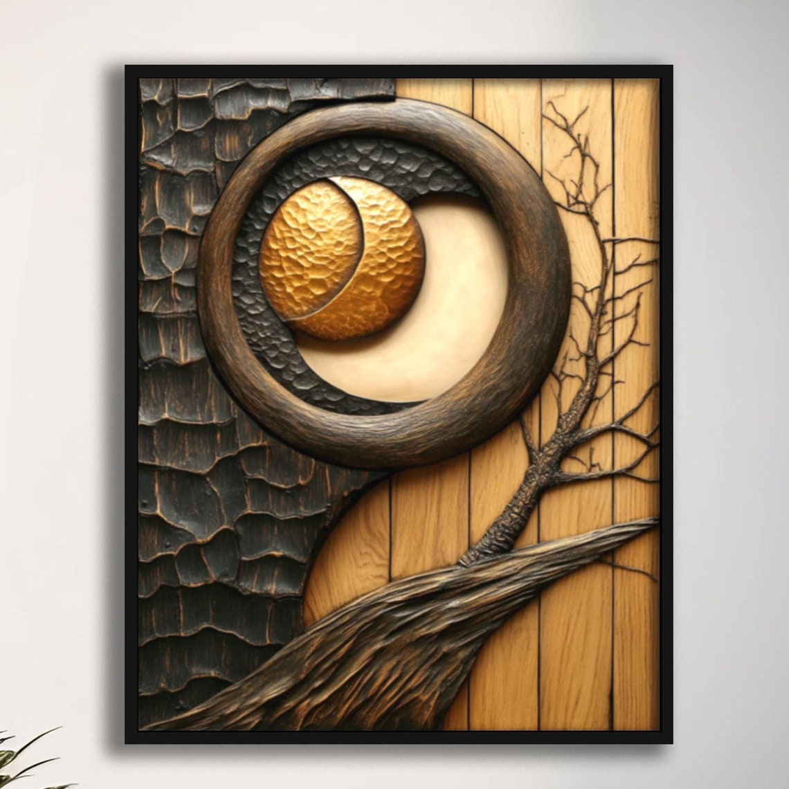 Hammered Gold Moon Carved Wood Ring Rustic Textured Art Poster