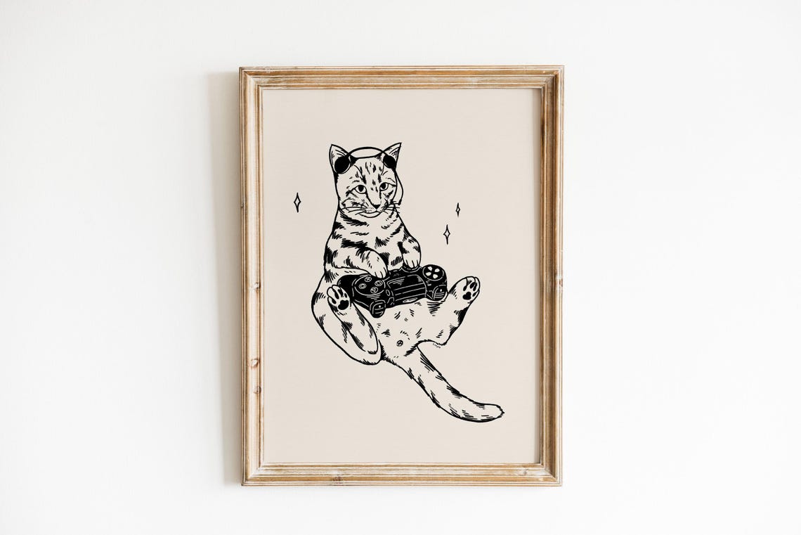 Gaming Cat Retro Vintage Art Print - Image 2