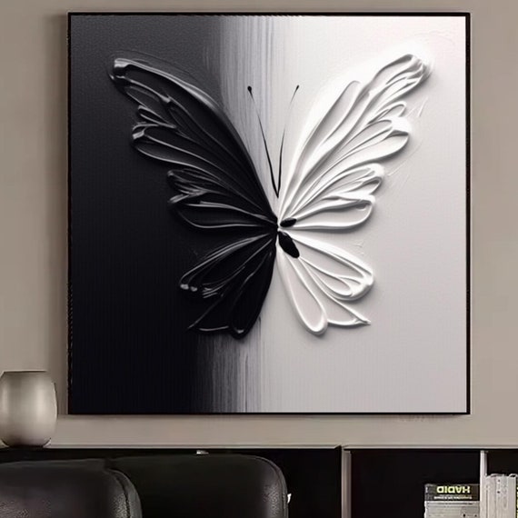 Large Black And White Butterfly Themed Mural Large Butterfly Painting Butterfly Wall Art Textured Painting Minimal Wall Art Insect Wall Art