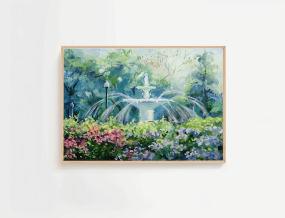 Forsyth Park Fountain Daytime Arcing Water Garden Painting Poster
