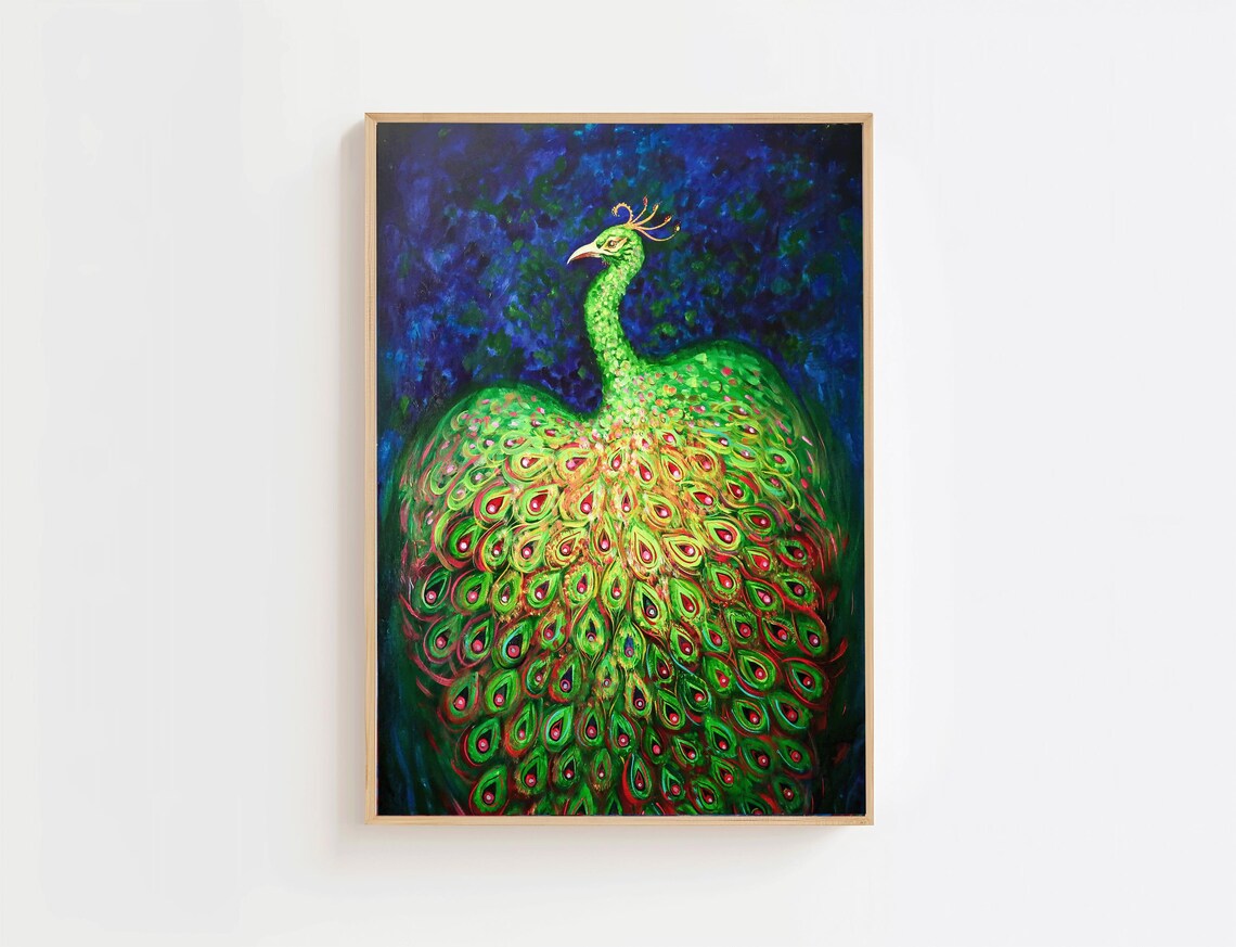 Emerald Green Peacock with Eye Spot Tail Vivid Blue Art Painting Poster