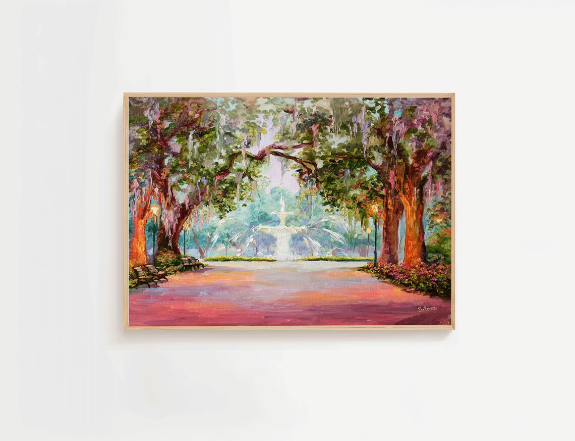 Live Oak Park Pathway at Sunset with Fountain Landscape Painting Poster