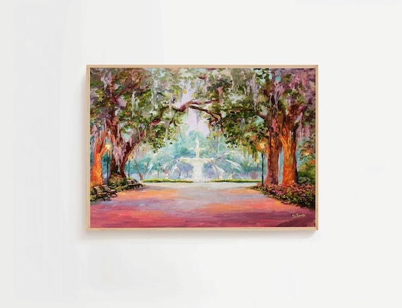 Live Oak Park Pathway at Sunset with Fountain Landscape Painting Poster