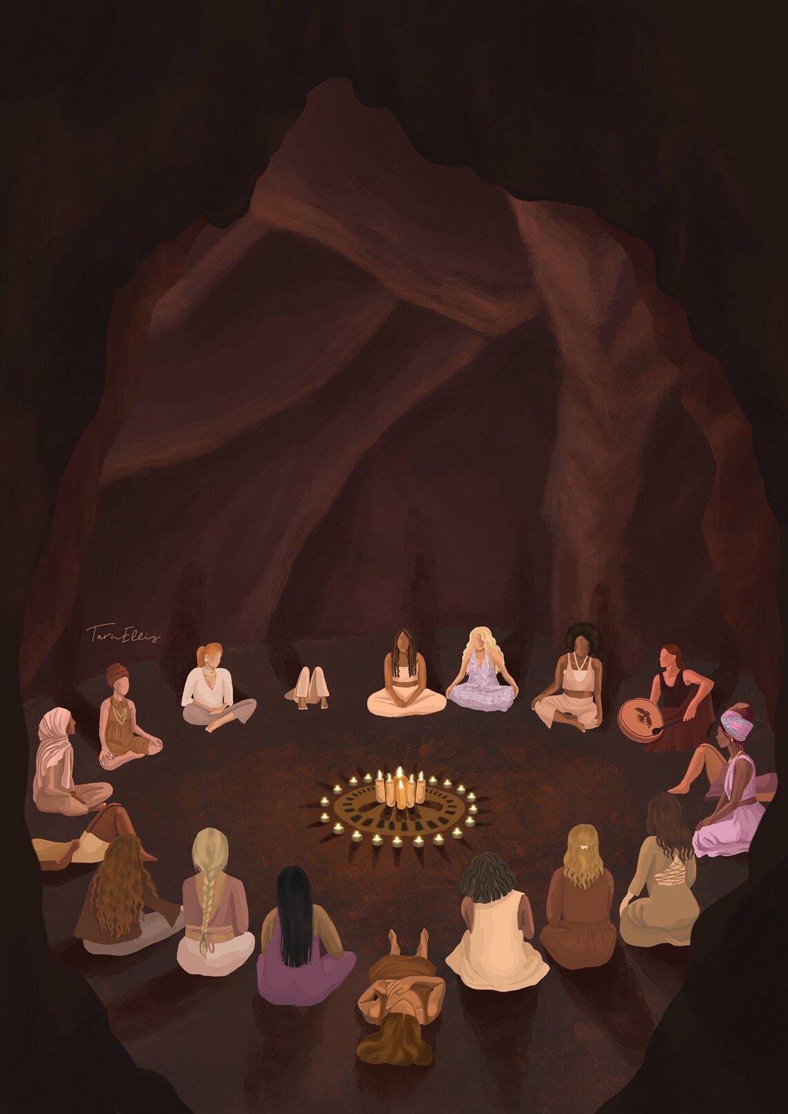 Cave Circle Meditation Women Group Art Print - Image 3