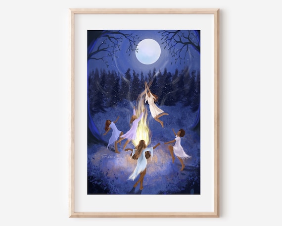 Witching Hour Fine Art Print Magical Witchy Women Poster Fire Dance Illustration Wall Decor Moon Nature Ethereal Whimsical Blue Esoteric
